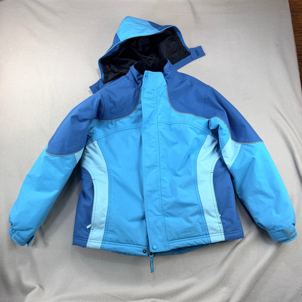 LL Bean Kids Wildcat Ski Jacket Blue Color Block Hood Winter puff Coat Sz L14-16